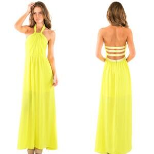 WOW Couture Halter Chiffon Overlay Maxi Dress Lemon Lime Yellow Size Medium EUC